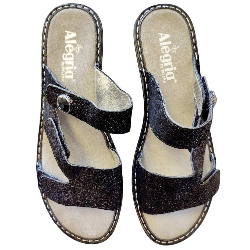 Alegria Loti Glitteroti Sandals Black Wedge Slide Sz 9 - Picture 5 of 10